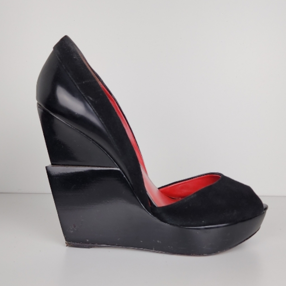 Charles Jourdan Cadence Wedge Platform Peep Toe Black Suede Size 10
